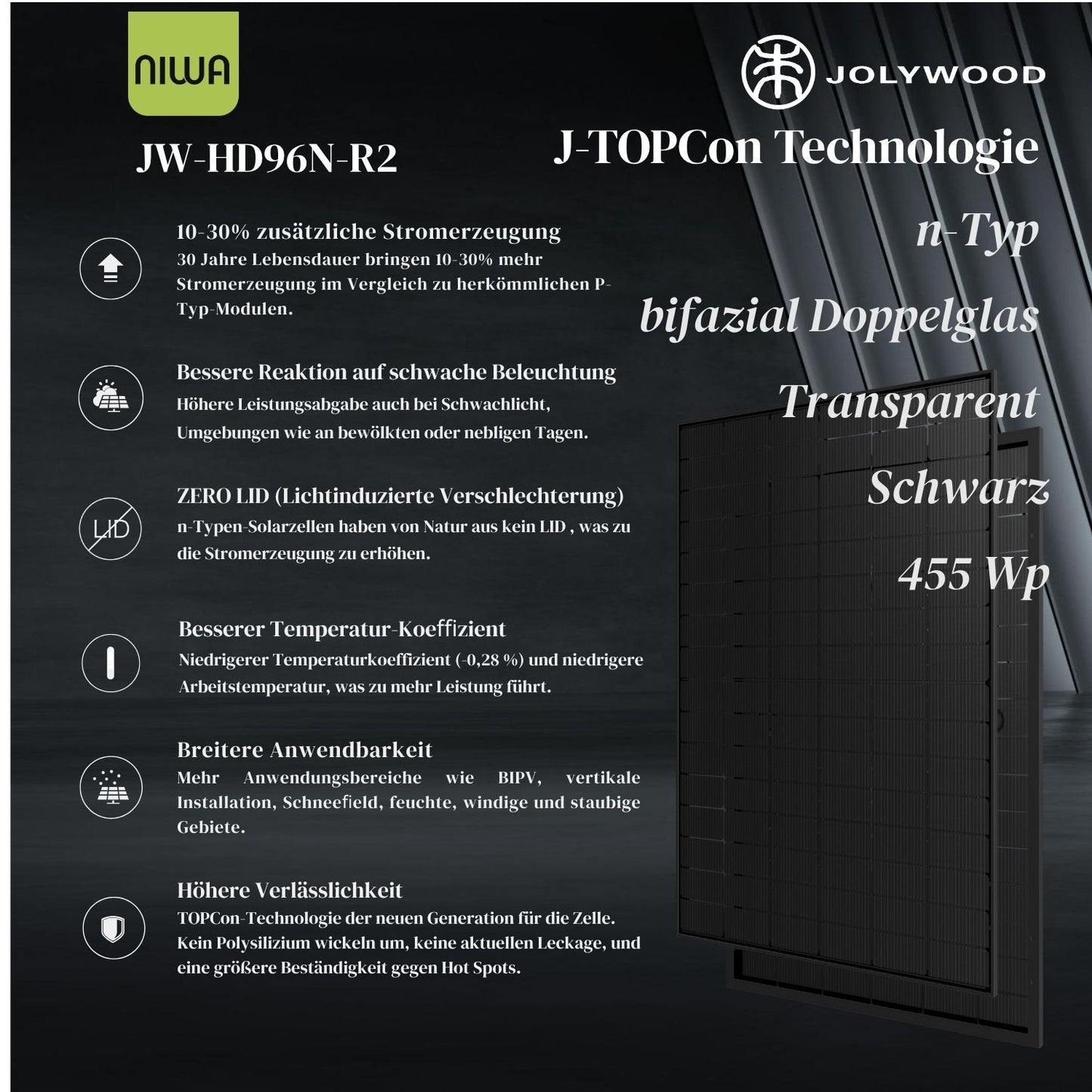 Jolywood 455W bifazial 2mm Glas-Glas JW-HD96N Full Black Solarmodul 37 St. als Palette