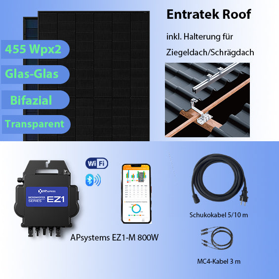 Entratek Roof|Balcony power plant 800W/910Wp complete set|Tile roof|EZ1-M&Jolywood 455Wp