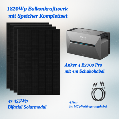 Balkonkraftwerk mit Speicher Komplettset|800 W/ 1820 Wp Solaranlage & 2680 Wh Anker Solarbank 3 E2700 Pro