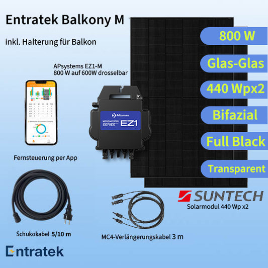 Entratek Balkony|Balkonkraftwerk 800W/880Wp Komplettset|EZ1-M&Glas-Glas Suntech 440