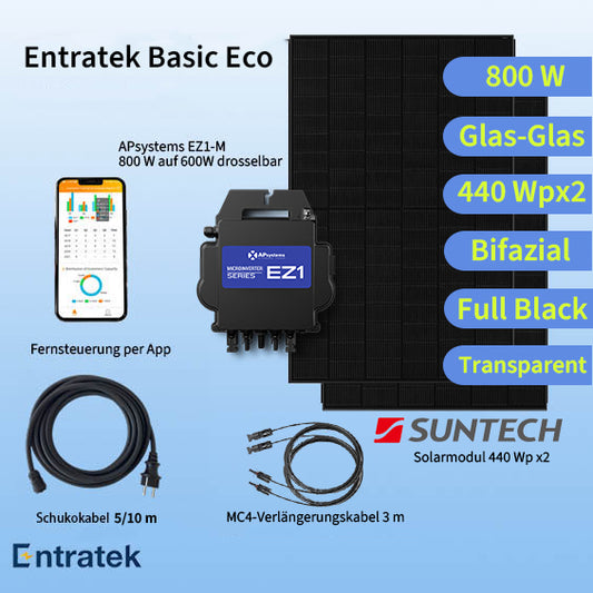 Entratek Basic Eco|Balkonkraftwerk 800W/880Wp Komplettset|EZ1-M&Glas-Glas Suntech 440