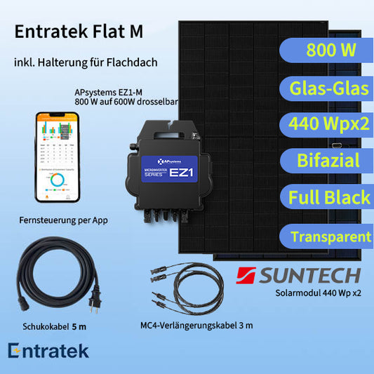 Entratek Flat M|Balkonkraftwerk 800W/880Wp Komplettset|EZ1-M&Glas-Glas Suntech 440