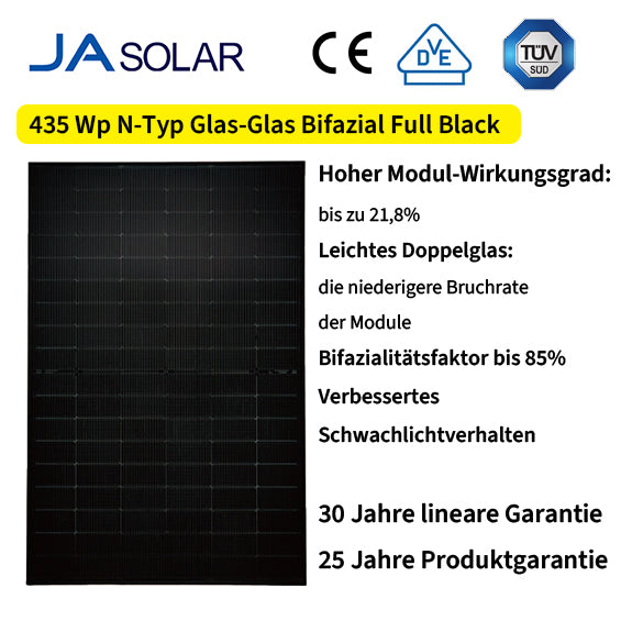 JA Solar | Einzelverkauf | Solarmodul 435 W Glas-Glas Bifazial Transparent Full Black Halbzellen-Modul
