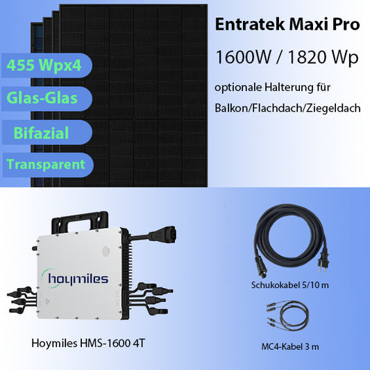 Entratek Maxi Pro - Balkonkraftwerk 1600W/1820Wp Komplettset|HMS-1600&Jolywood 455Wp Bifazial