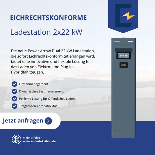 Entratek Eichrechtskonforme Doppelladestation Power Arrow Dual 2 x 22 kW (KfW 442) mit Steckdose