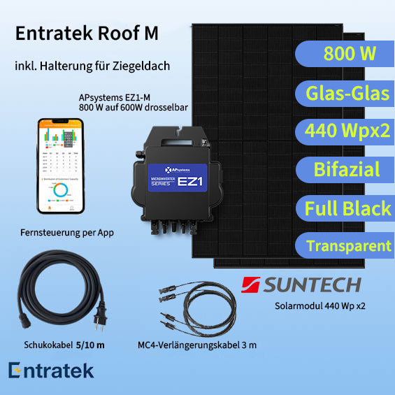 Entratek Roof M|Balkonkraftwerk 800W/880Wp Komplettset|EZ1-M&Glas-Glas Suntech 440